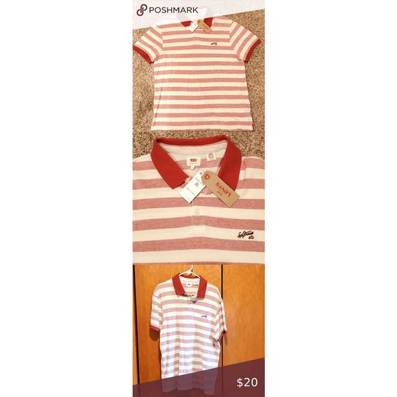 NEW Mens Medium LEVIS Shirt Red White Striped Polo Casual Logo Cotton 224030026 - Picture 2 of 3